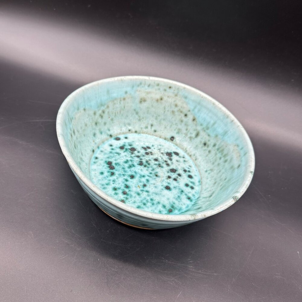 Handmade Art Pottery Bowl Signed Mike Joens Speckle Turquoise Green Blue Serving